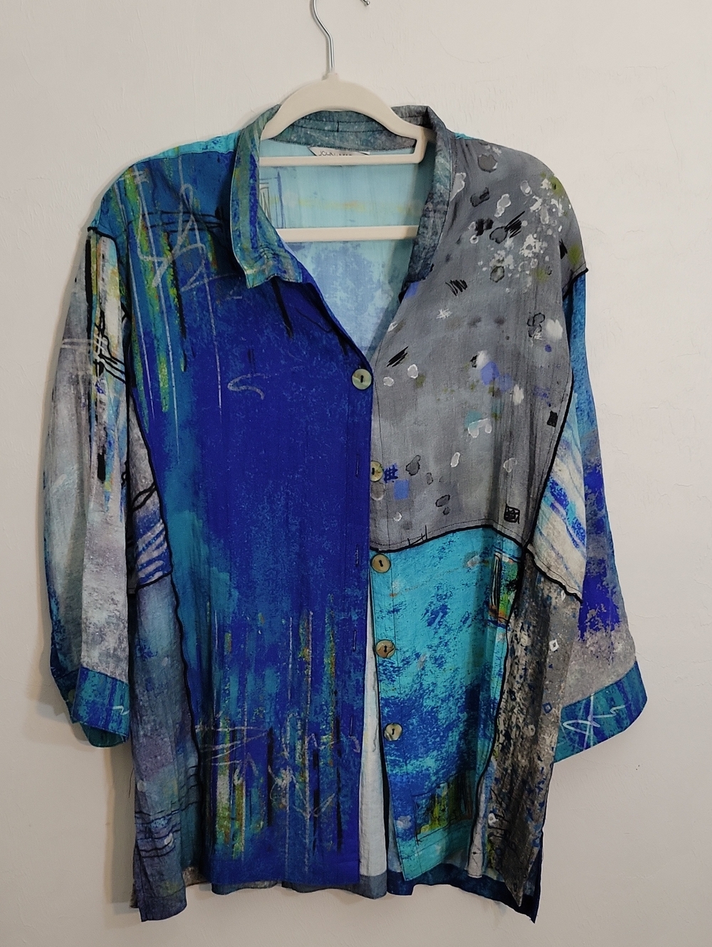 John Mark Blue and Gray Abstract Button-Up Blouse